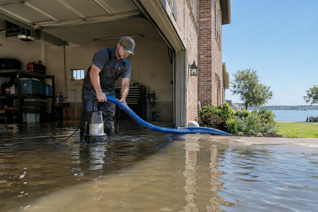 A flooded garage after a storm with a technician pumping water out at a brick two-story suburban house in North Texas near Lake Ray Hubbard in Rowlett, TX