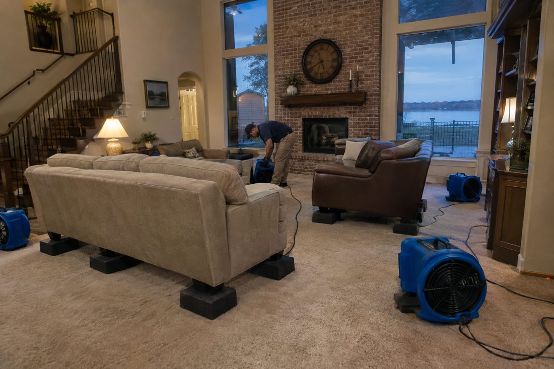 Furniture blocked up on foam pads in a living room while fans dry the carpet at a brick two-story suburban house in North Texas near Lake Ray Hubbard in Rowlett, TX