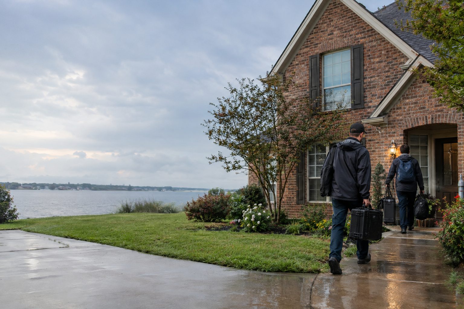 A crew arriving at a home during light rain with gear at a brick two-story suburban house in North Texas near Lake Ray Hubbard in Rowlett, TX